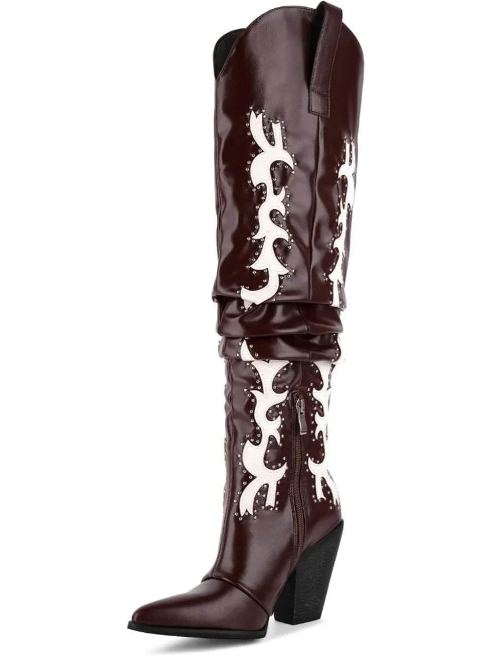 Women's Burgundy Pointed Toe Platform Studded Slouch Cowgirl Over The Knee Boots